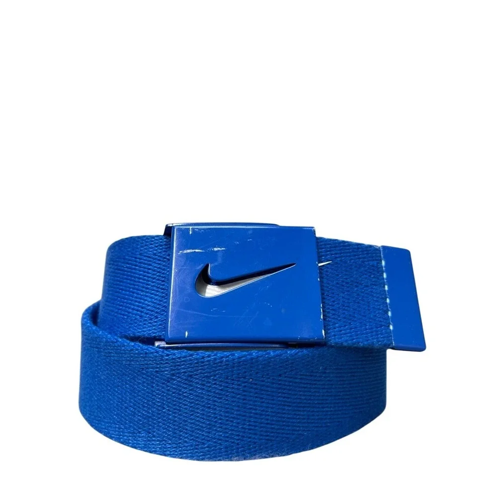 Nike Mens Webbed Golf Belt Royal Blue Canvas Swoosh Logo Bottle Opener Buckle